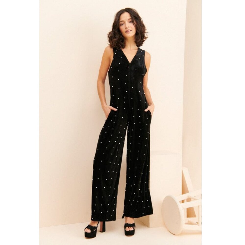 Eva Franco Anthropologie Black Velvet Pearl Wide Leg V Front Sleeveless Jumpsuit - Picture 2 of 9